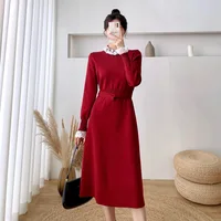 2021 Autumn/Winter Sweater Dress Women Stitching Lace Agaric Lace Belt Slimming Red Black Long Sleeve Bottom Knit Female Dress