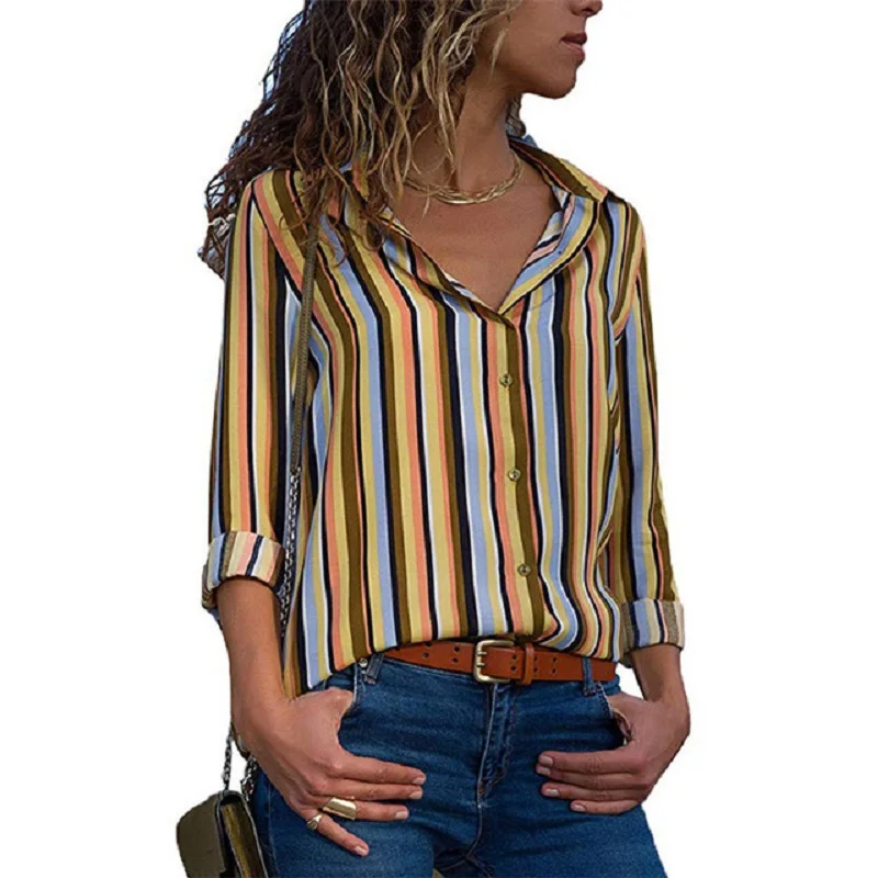 

Women Blouses 3XL Summer Long Sleeve Lapel Print Shirt Office Chiffon Blouse Shirts Casual Striped Tops Plus Size Blusas Mujer