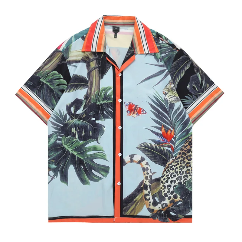 

Harajuku Streetwear Shirts Animal Print Giraffe Leopard Hip Hop Vacation Hawaii Blouse Loose Casual Button Camisa Masculina