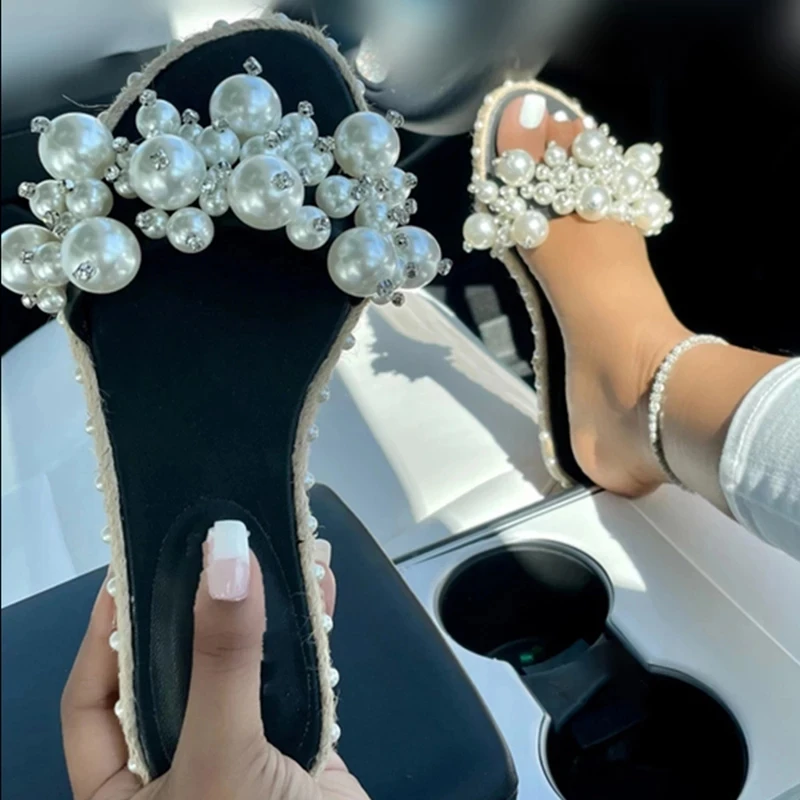 

Шлепанцы женские с жемчугом, круглый носок, плоская подошва, Повседневная пляжная обувь, большие размеры, лето 2021