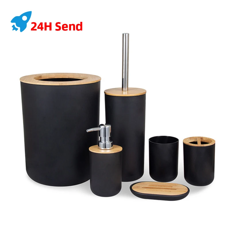 bathroom accessories set 6 pieces bamboo room set toothbrush holder soap dispenser toilet brush trash can bathroom essential set free global shipping
