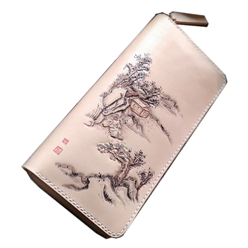 

Women Genuine Leather Wallets Carving Scenery Original Landscape painting Bag Purses Long Clutch Vegetable Tanned Leather Wallet