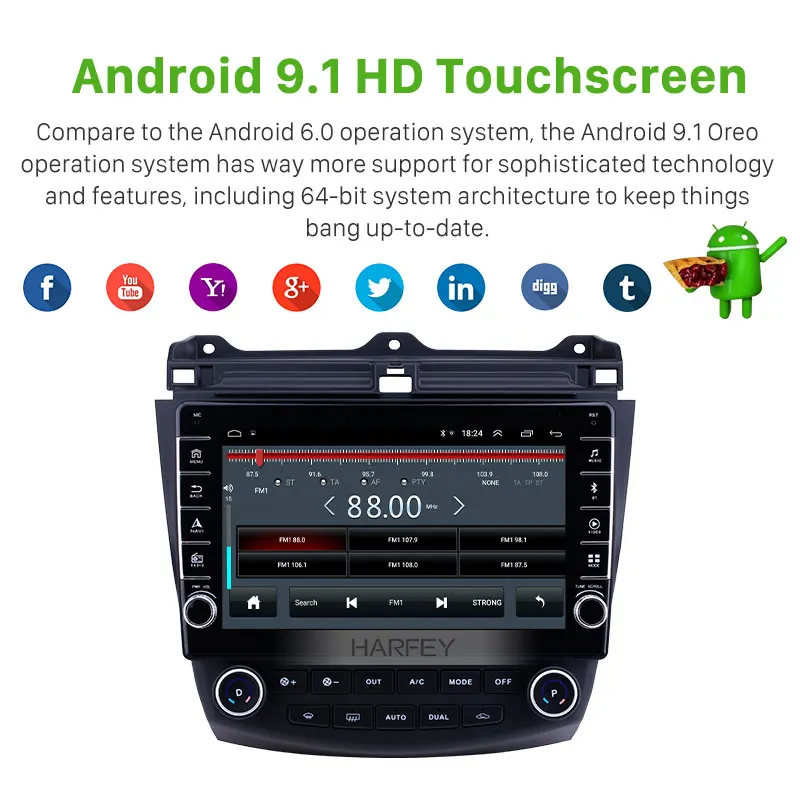 Автомагнитола Harfey с сенсорным HD экраном 9 1 дюйма Android 10 для Honda Accord 7 2003 2007 GPS Bluetooth