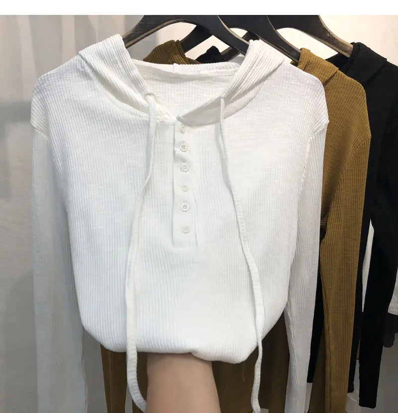 

KUSAHIKI Knitted Hooded Sweatshirt Causal Long Sleeve Solid Basic Pullover Hoodies 2021 Spring New Thin Women Jumpers 6G099