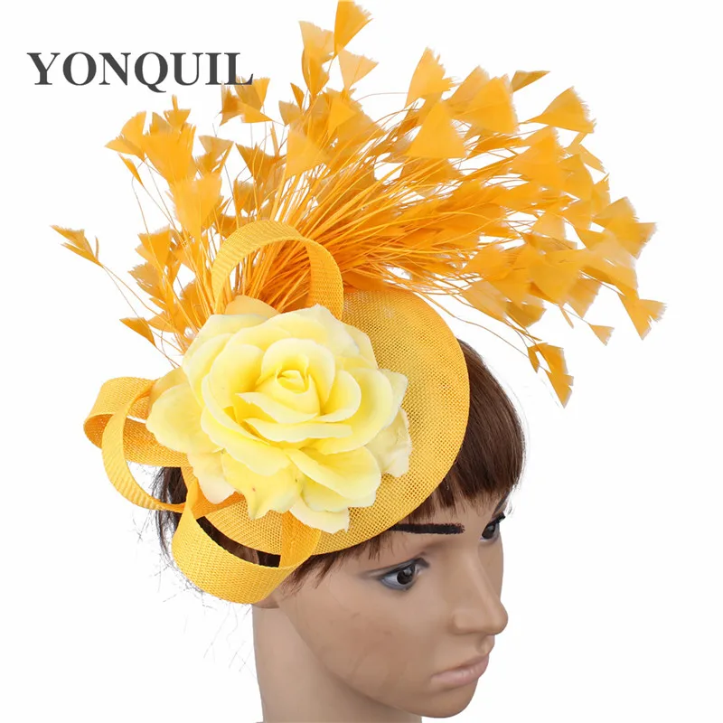 Yellow Fashion Hat Fedora Formal Dress Church Fascinators Hat Headband Party Tea Millinery Caps Mesh Hair Accessories