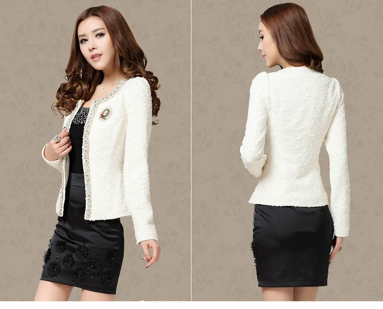 

2020 New Women Spring Summer Coat Short Design Elegant Beading Diamond Slim Long Sleeve Plus Size Short Outerwear Jacket