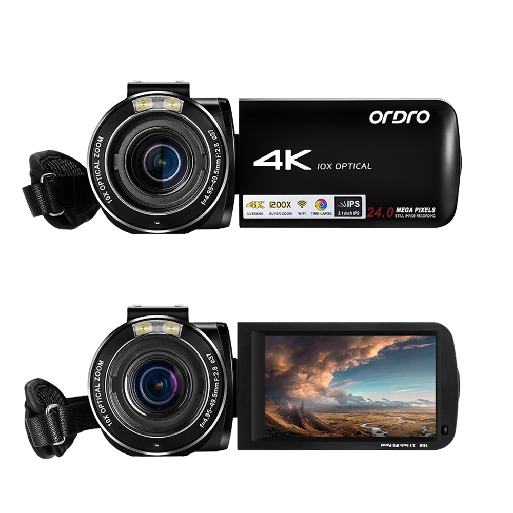 ORDRO 4K видеокамера 10X оптический зум видеокамера WiFi 3,1 ''ips экран с микрофоном широкоугольный объектив
