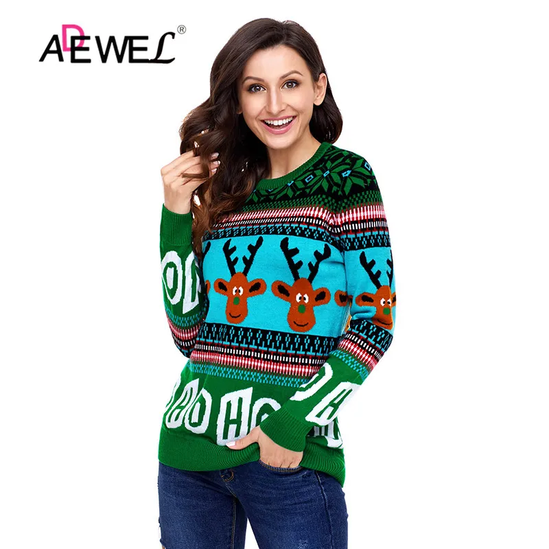 ADEWEL Red Cute Cartoon Reindeer Christmas Sweater Snowman Deer Full Sleeve Sweaters O-neck Women Pullovers Winter Warm Tops | Женская