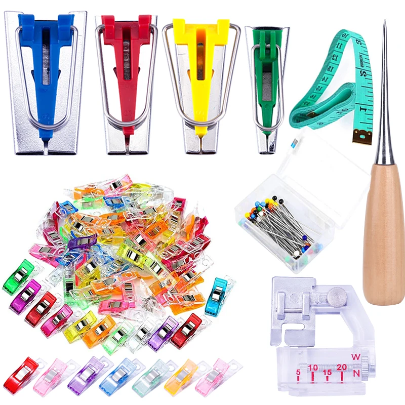 

Bias Tape Tool Kit with Instruction, 4 Sizes Bias Tape Maker with 60 Pcs Sewing Clips, 50 Pcs Ball Point Pins, Awl