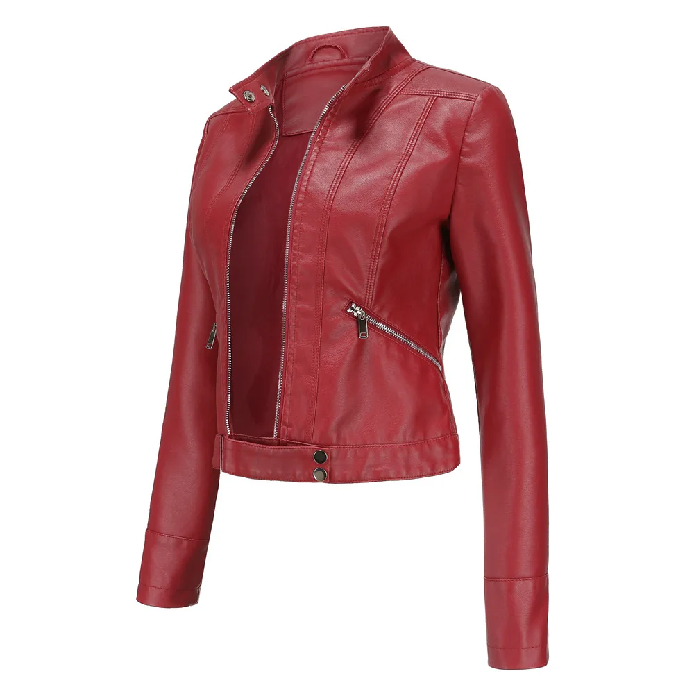 2022 New Spring Autumn Women Short Leather Jacket Riding Motocycle Crop Jackets Slim Stand-up Collar Solid PU Leather Coat enlarge