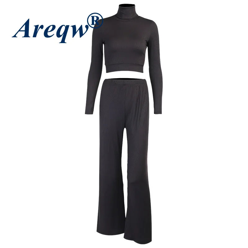 

Fashion Long-sleeved High-necked Wide-leg Pants Suit Sexy All-match Solid Color Slim Long-sleeved Trousers Two-piece Female