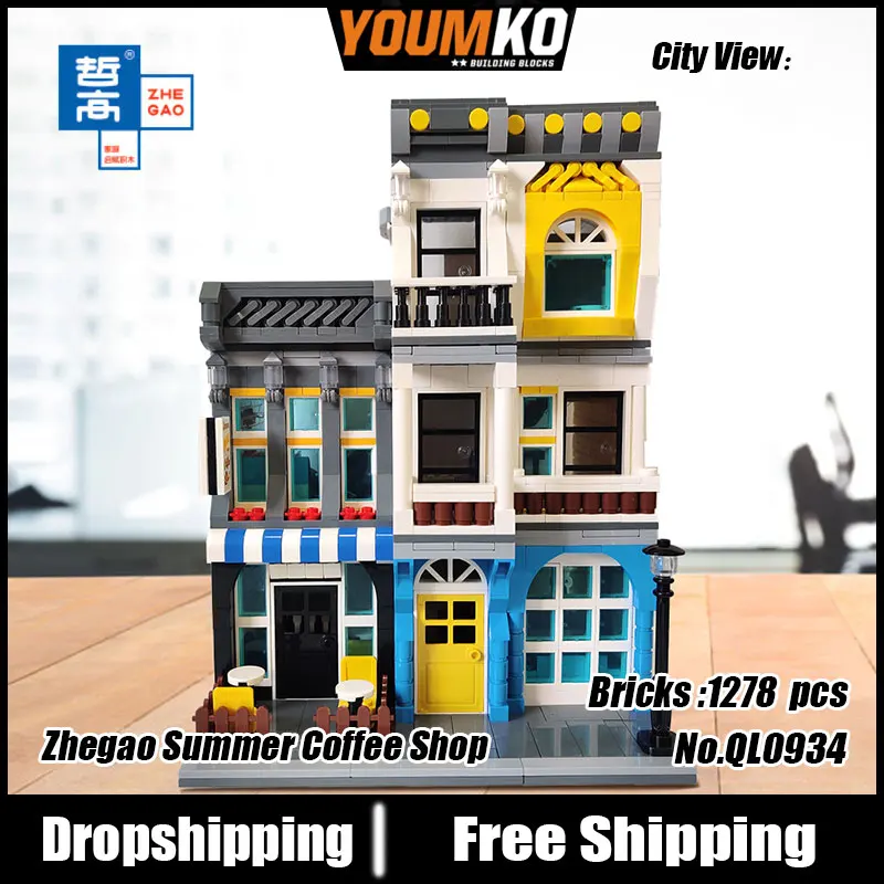 

Zhegao QL0934 серия «вид города», летний конструктор в виде кофейни, 1278 деталей, набор конструкторов для образовательных игрушек