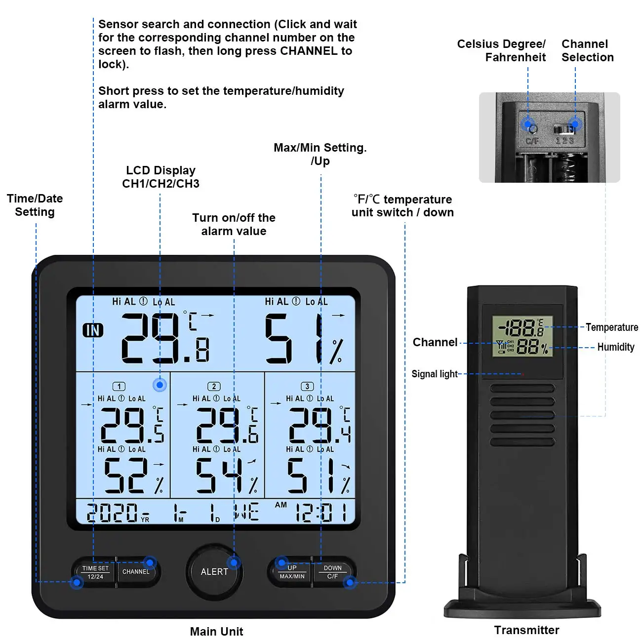 Professional Weather Station Digital Indoor Outdoor Wireless Thermometer Hygrometer 3 Remote Sensors with Alert Clock Calendar