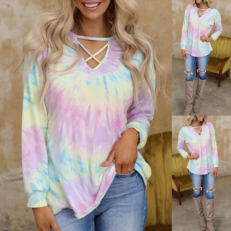 

Spring and Summer New 2021 Fashion Tie-dye Printing Long Sleeve Loose Casual Shirt T-shirt Women Clothing AAA Quality