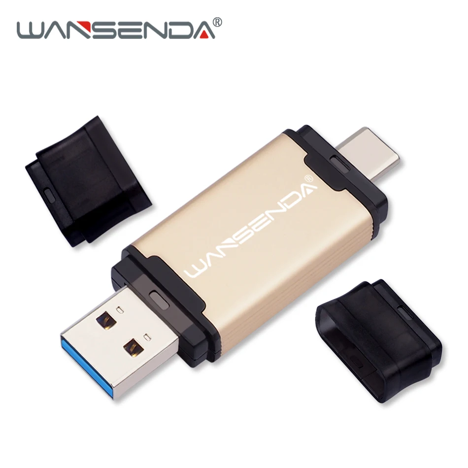 Золотой Горячая WANSENDA, 2 в 1, TYPE-C, USB 3,0, USB флеш-накопитель, металлический флеш-накопитель, 16 ГБ, 32 ГБ, 64 ГБ, 128 ГБ, 256 ГБ, 512 ГБ, флеш-накопитель, USB флешка - Цвет: Золотой