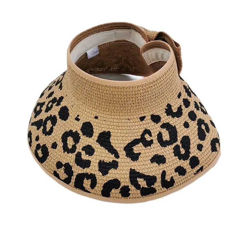

New Ladies Casual Large brim Sun visor hat Leopard print straw hat Holiday Bow Folding Sunscreen casquette Caps