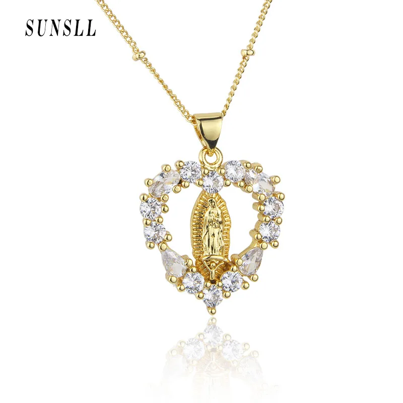 

SUNLL New Design Love Heart Religious Necklace High Quality Zirconia Round Bead Chain Gold Plated Pendant Jewelry Gift