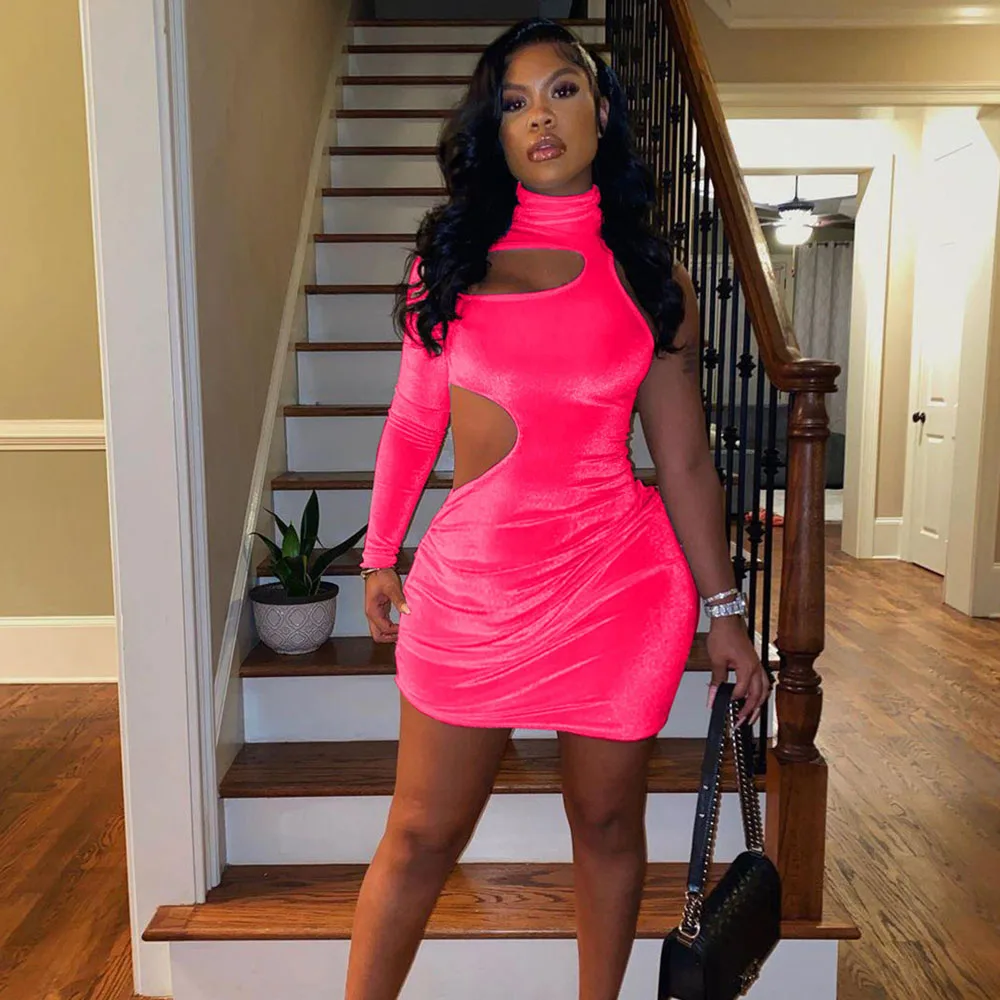 

Женское бархатное платье с высоким воротником, вечернее облегающее платье-Мини Вечерние вырезами на одно плечо, зима 2021