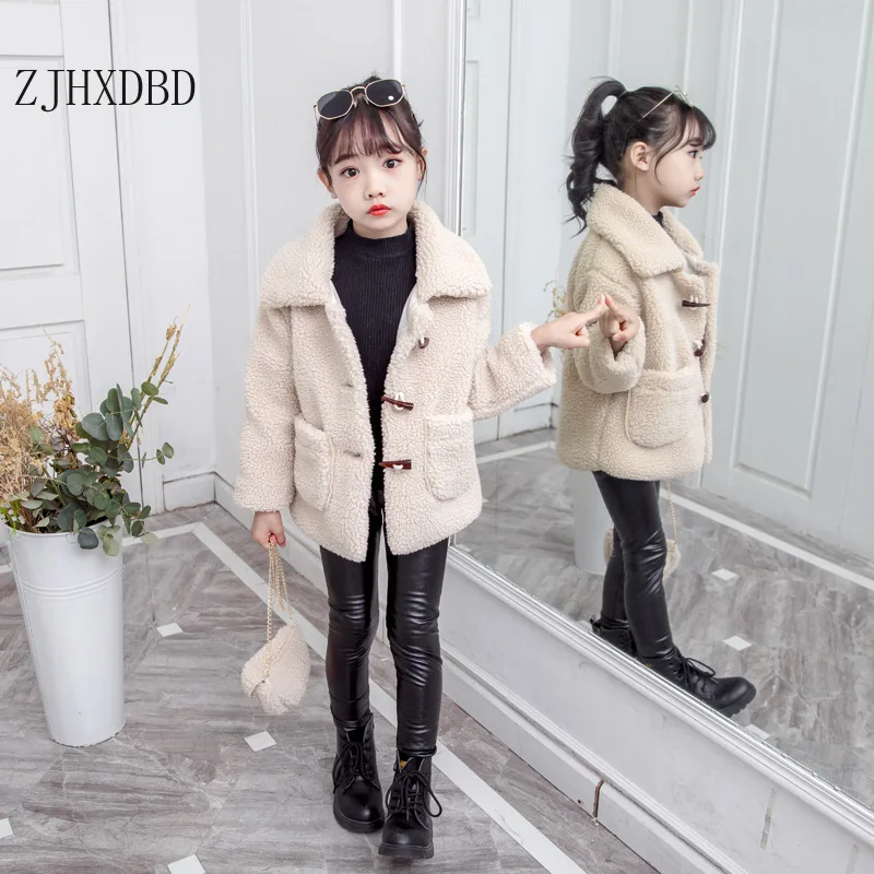 2020 Winter Girls Wool Jackets Turn-down Collar Horn Button Kids Baby Girl Coats Infant Outerwear Outfits Children Clothes | Детская