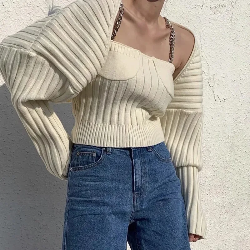 

Celebrity Temperament Commuter Style Autumn Chain Slim Sling Irregular Short Jacket Knitted Two-Piece Suit