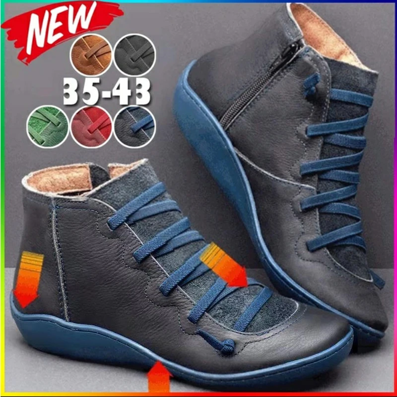 

2020 New Women's PU Leather Ankle Boots Women Winter Cross Strappy Vintage Women Punk Boots Flat Ladies Shoes Woman Botas Mujer