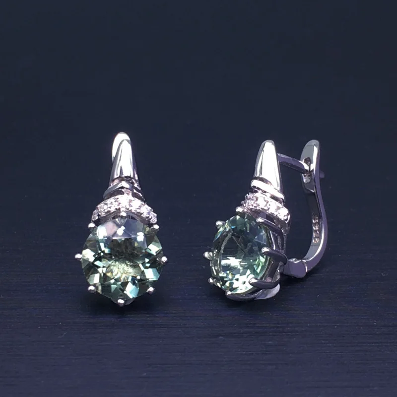 Серьги CSJ из серебра 925 пробы с натуральным зеленым аметистом 8 мм 5 карат |