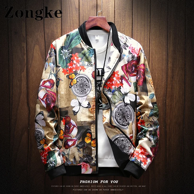Куртка Zongke с цветочным принтом для мужчин стильные пальто японские Бомберы