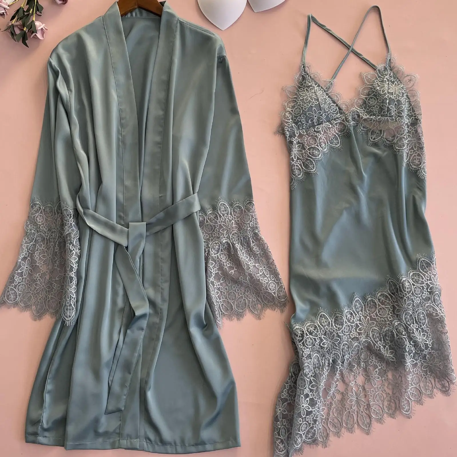 Комплект женского кружевного свадебного халата из 2 предметов пикантное кимоно