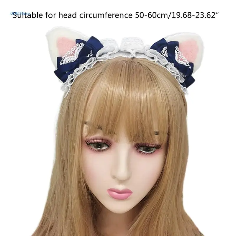 

Japanese Lolita Plush Cat Ears Headband Sweet Ruffled Lace Bowknot Animal Hair Hoop Kawaii Anime Maid Cosplay Headpiece
