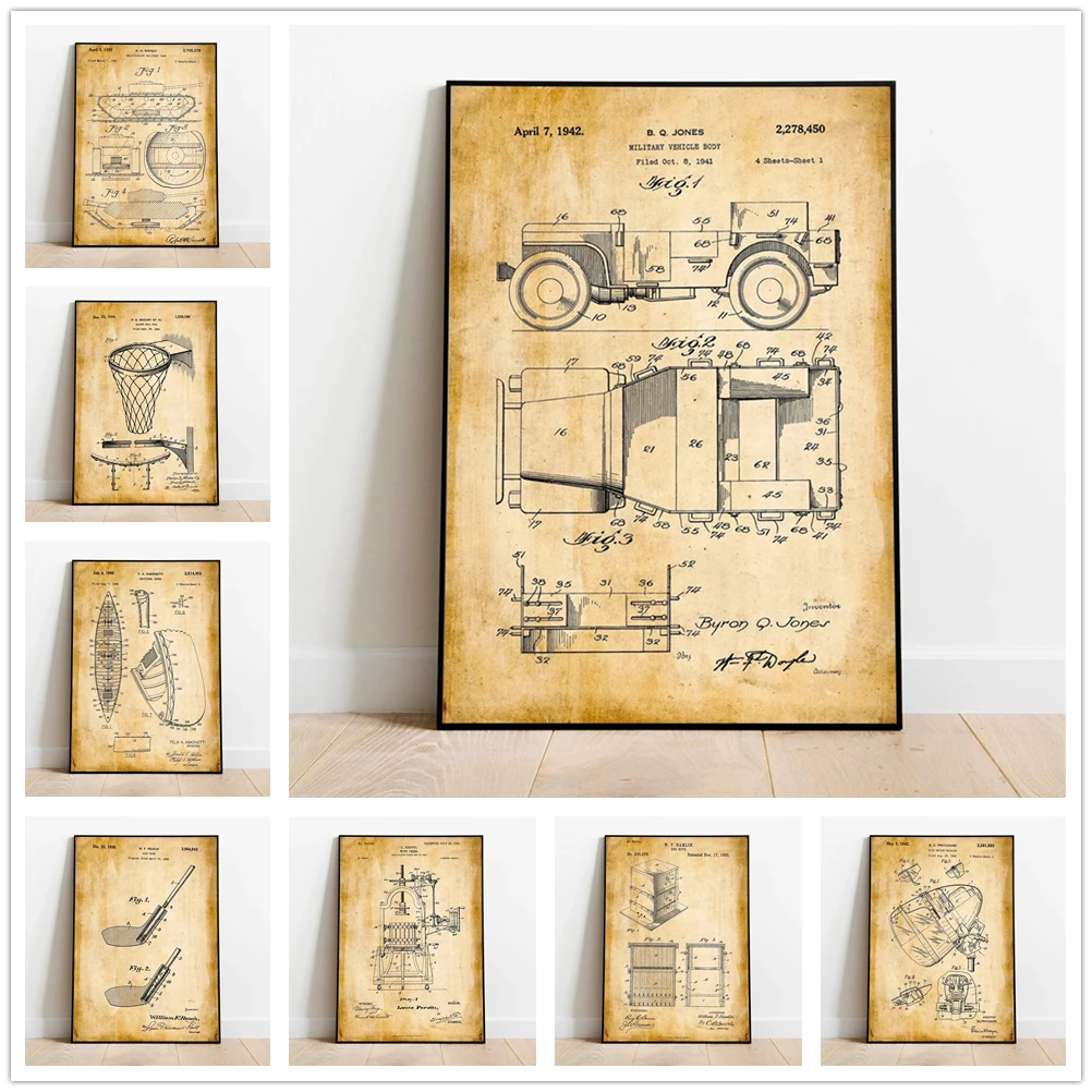 

Милитари Танк патент постер каноэ патент Картина на холсте минималистская Настенная картина домашний декор для гостиной спальни кабинета