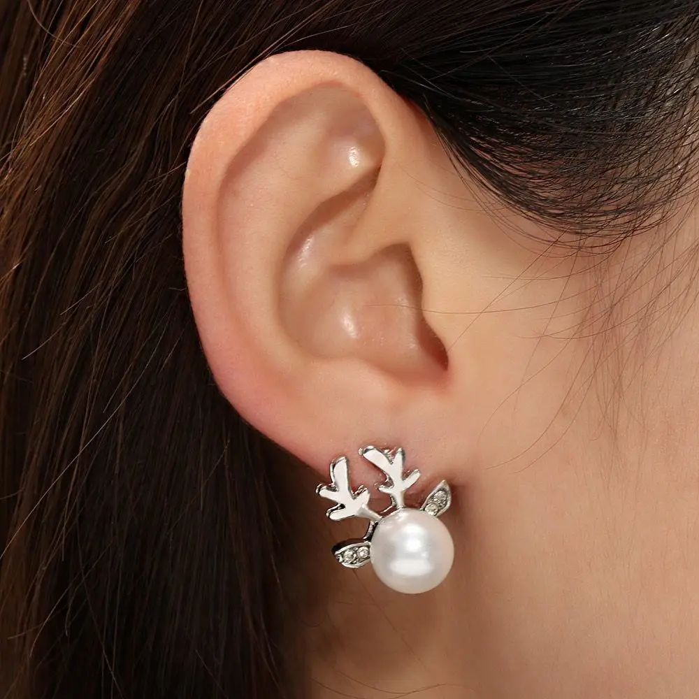 

OPPOHERE 1 Pair Imitation Pearl Deer Head Styling Earrings Metal Antlers Handmade Female Girl Jewelry