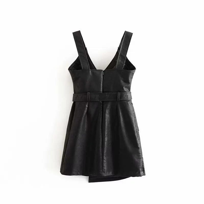 2019 осенне-зимнее женское платье из искусственной кожи с поясом и v-образным