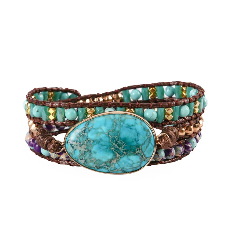 

Boho Semi Precious Stone Antique Handmade Wax Cord Wrap Bracelet Multi Layered Vintage Beads Bracelet Drop shipping