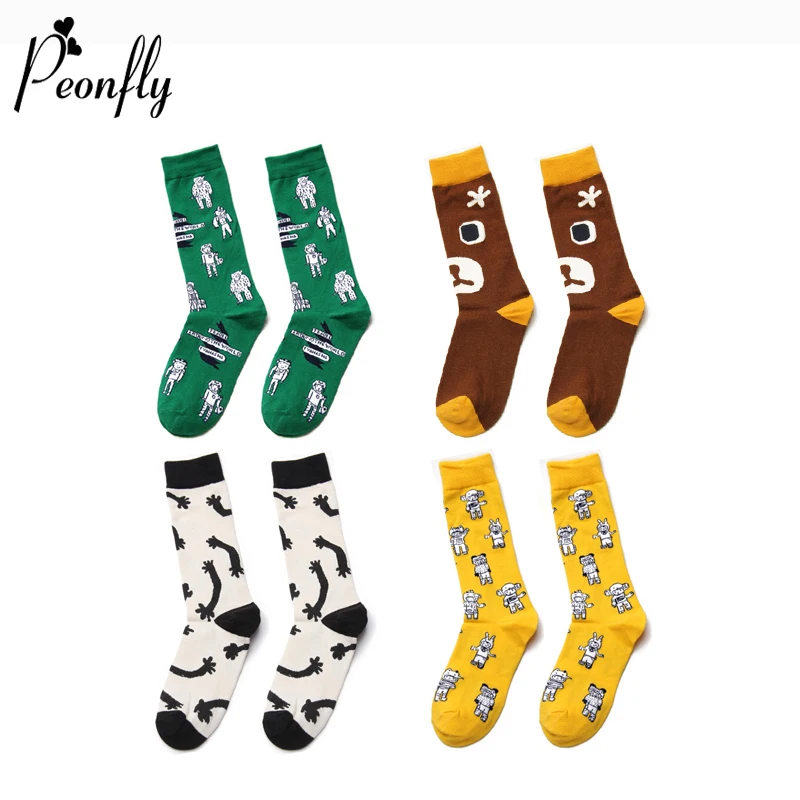 

Peonfly Personality Fashion Cute Cartoon Bear Pattern Funny Novelty Art Men Casual Comfortable Breathable Hip Hop Socks