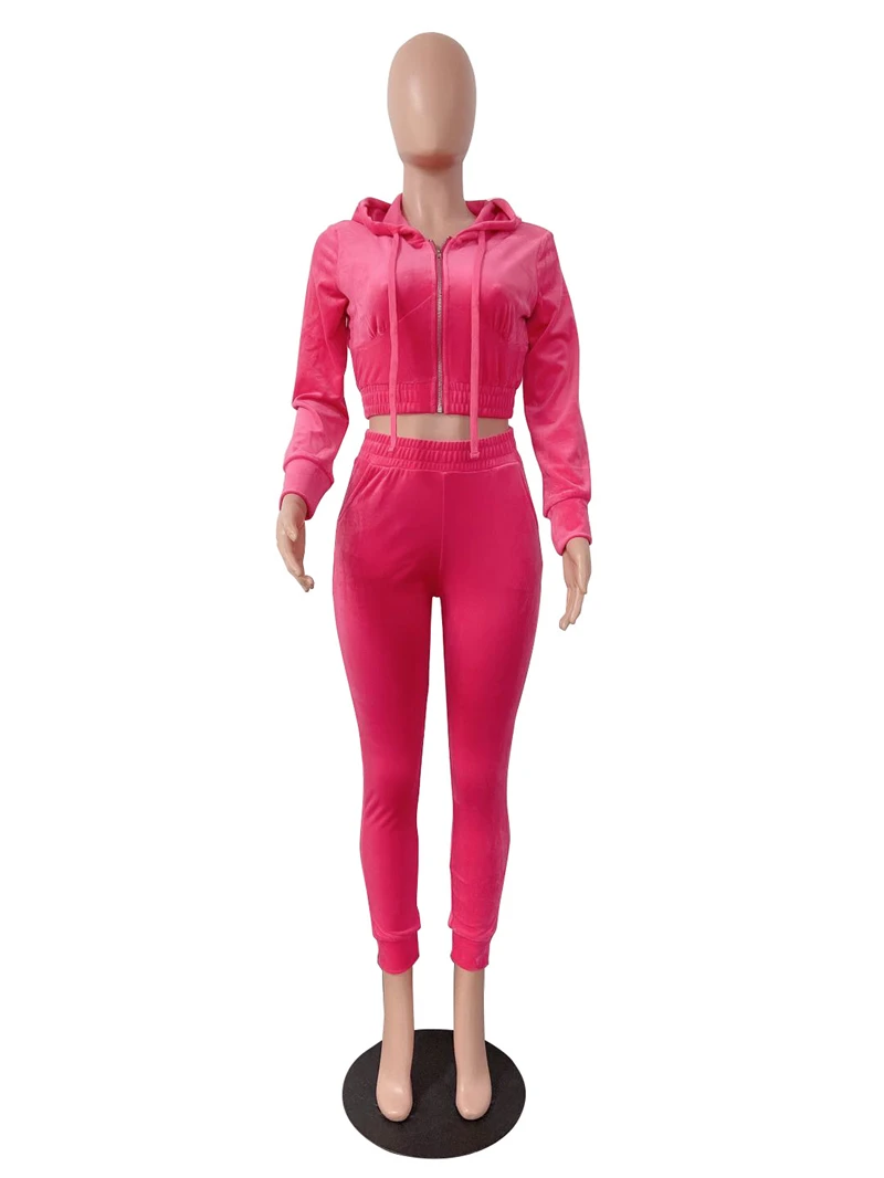 Adogirl 2020 New Women Velvet Two Piece Set Jogging Suit Zipper Long Sleeve Hooded Jacket Crop Top Pencil Pants Tracksuit |