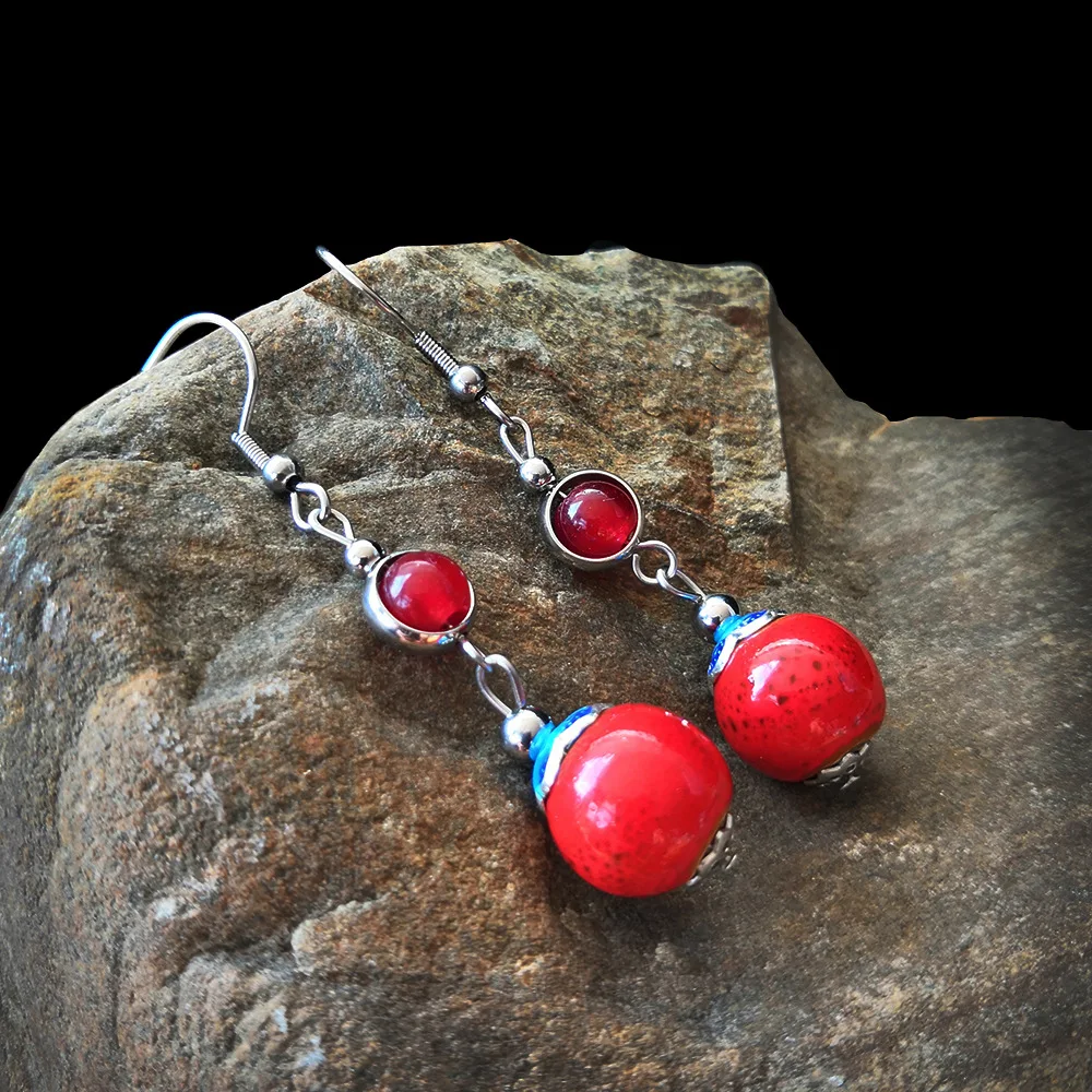 

Original Ethnic Style Fashion Beads Long Hook Earrings Handmade Craft Ceramics Vintage Dangle Earring For Women Retro Jewelry