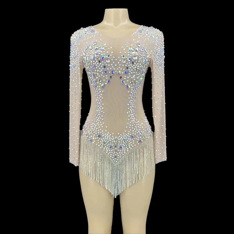

Sexy Crystals Chain Summer Bodysuit Costume Birthday Nightclub Evening Wear Outfit Party Costumes Rhinestones Stretch Leotard