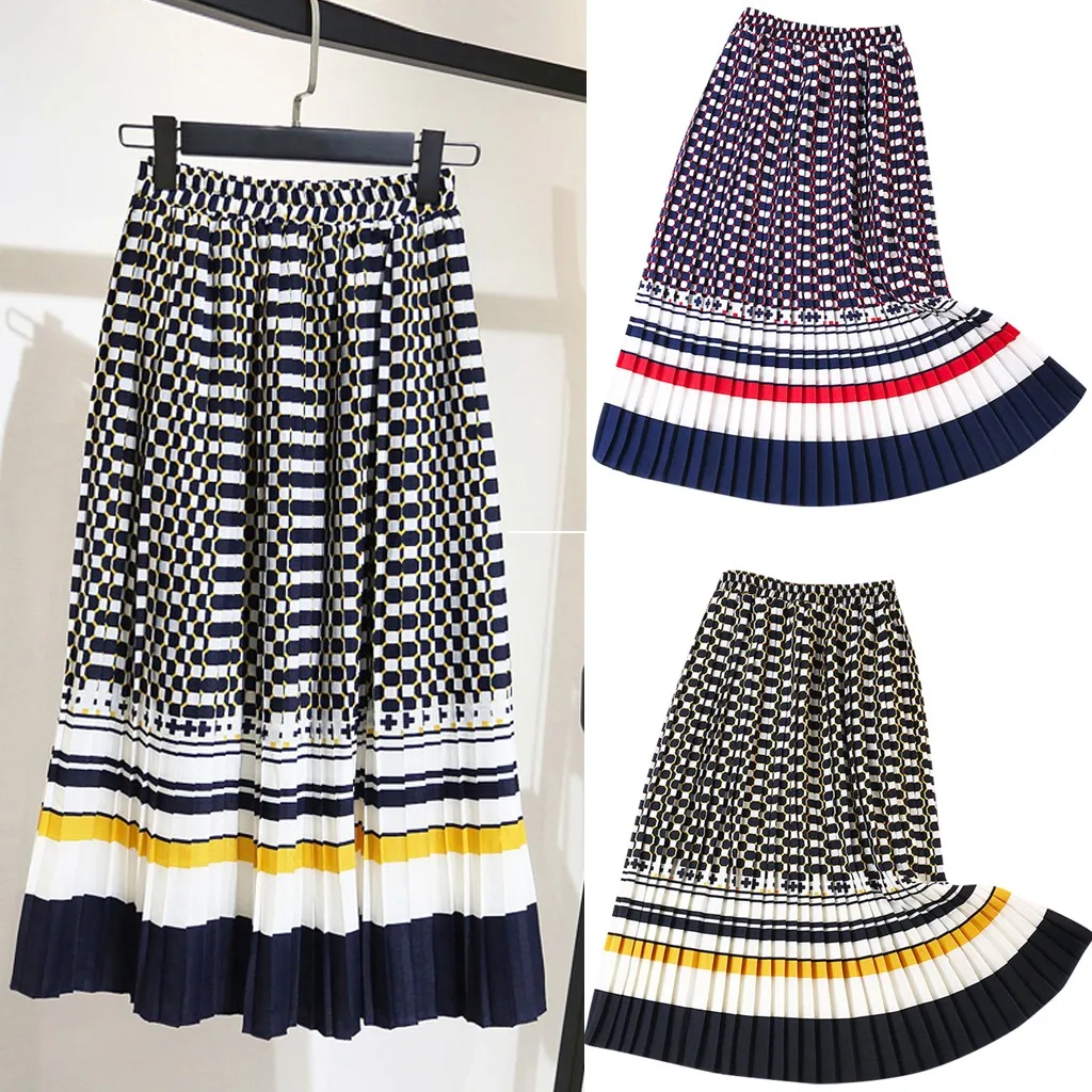 Женская Плиссированная Юбка миди с высокой талией контрастных цветов|Женские