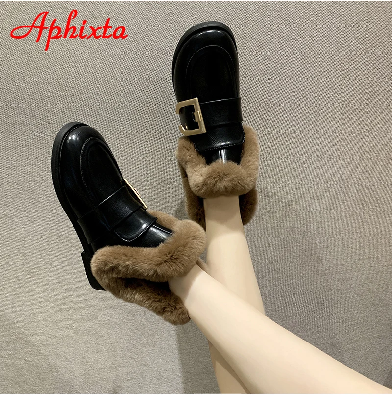 Aphixta; Новинка года; женские ботинки с пряжкой; женская кожаная обувь на меху; теплая плюшевая зимняя новая женская обувь; модные зимние ботинки