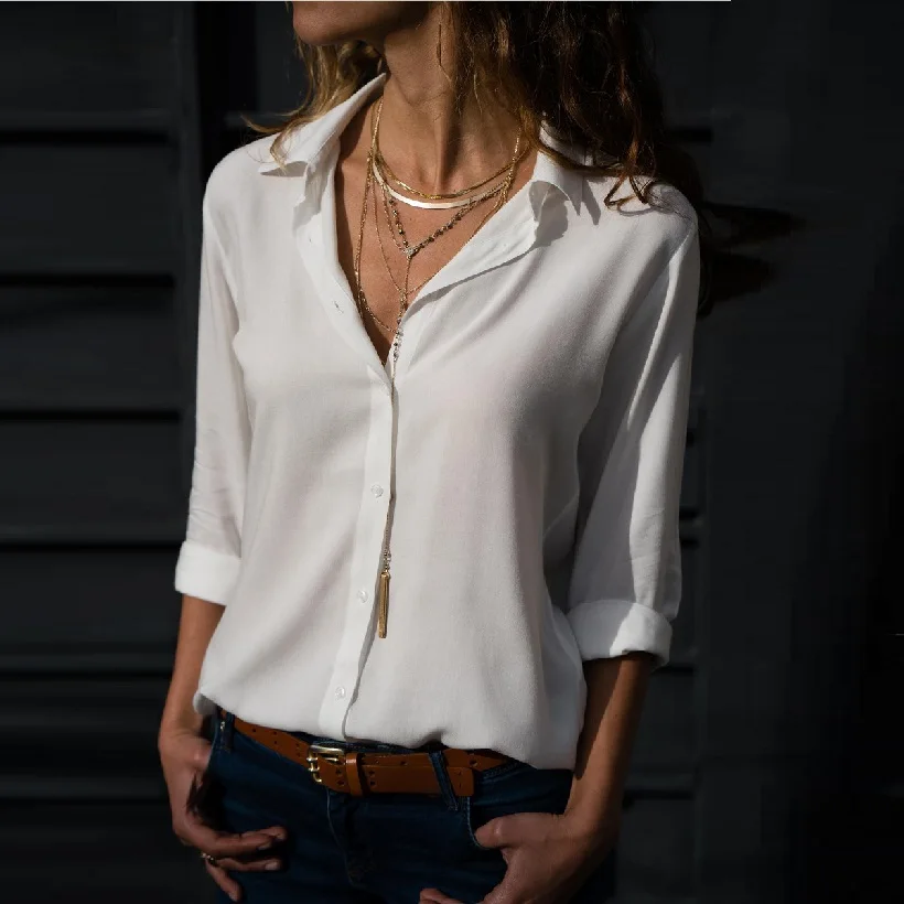 8XL Spring Chiffon Shirt Women Top Blouses White Black Loose Shirts Lapel Button Up Long Sleeve Work Shirt Oversize Blusas Mujer