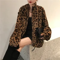women vintage leopard stand collar zipper outwear 2021 winter jacket lady loose oversized fuzzy coats female casual streetwear
