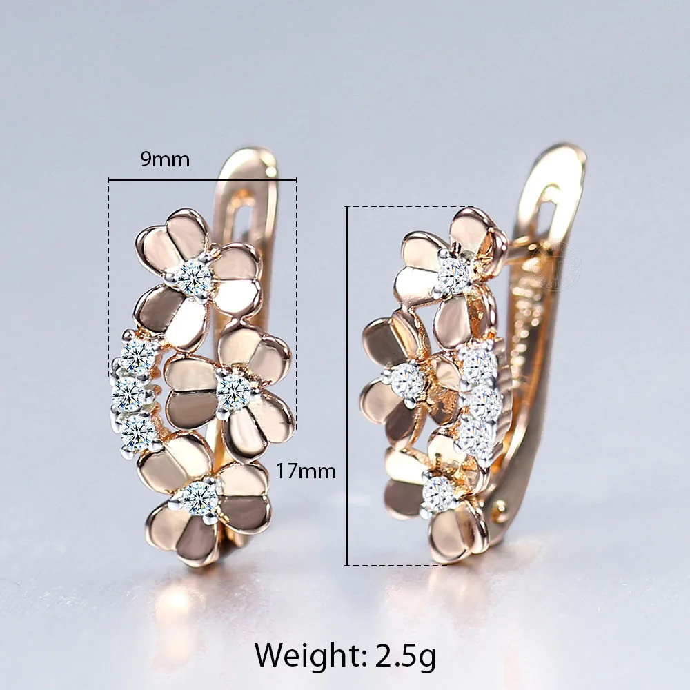 585 Rose Gold Clovers Stud Earrings For Women Girl Cubic Zircon Flower Hanging Dangle Trend Wedding Jewelry Gift GE300 | Украшения и
