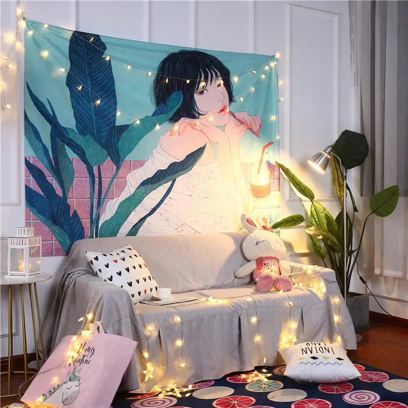 

1Pcs Crane Green Palm Leaf Tapestry Wall Hanging Little Fresh Hippie Bohemian Room Decor Background Cloth