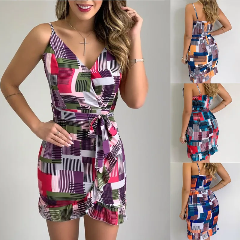 

Summer Sexy Deep Neck Spaghetti Straps Backless Mini Package Hip Women's Dress 2021 Fashion Belt Print Ruffles Patchwork Dress