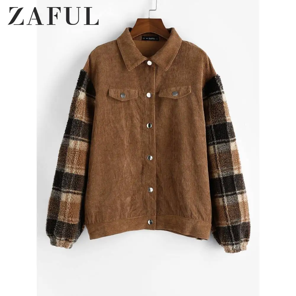 Женская Вельветовая куртка ZAFUL теплая клетчатая из искусственной овчины с