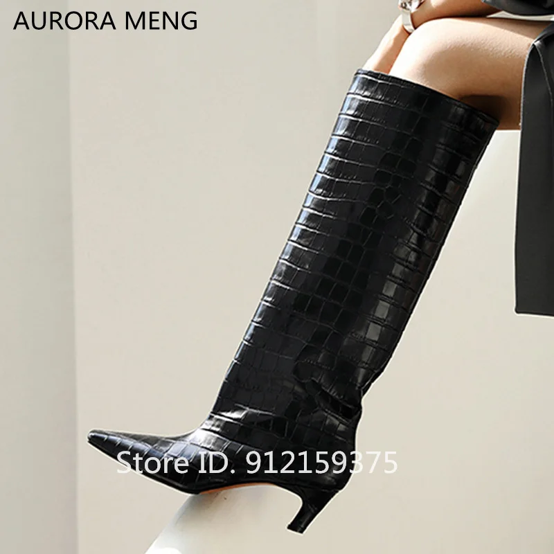 

Женские сапоги до колена, без застежки, с каменным принтом, высокий каблук, модельные Ботинки Челси, Осень-зима