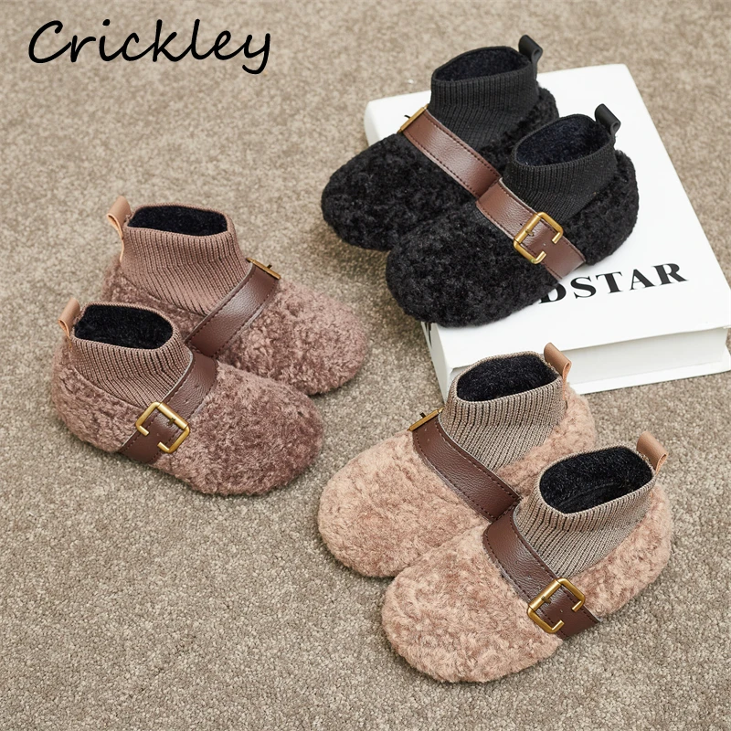 

Autumn Winter Buckle Baby Girl's Fashion Boots Warm Plush Socks Ankle Shoes For Kids Soft Bottom Non Slip Children's Boots