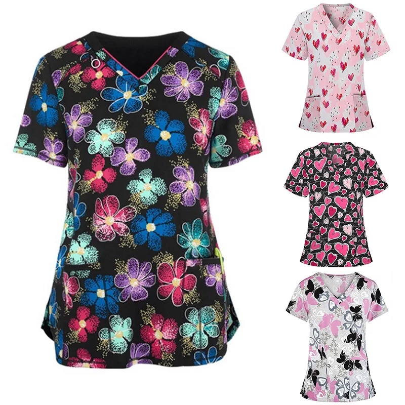 

Униформа медсестры, Женская Рабочая Униформа с принтом животных, лето 2021, повседневный топ с коротким рукавом и V-образным вырезом, униформа ...