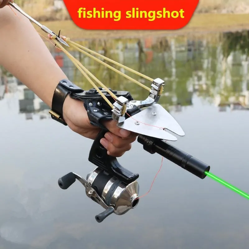

New Fishing Set Slingshot Hunting Catapult Suit Outdoor Shooting Fishing Reel + Darts Protective Gloves Flashlight Tools