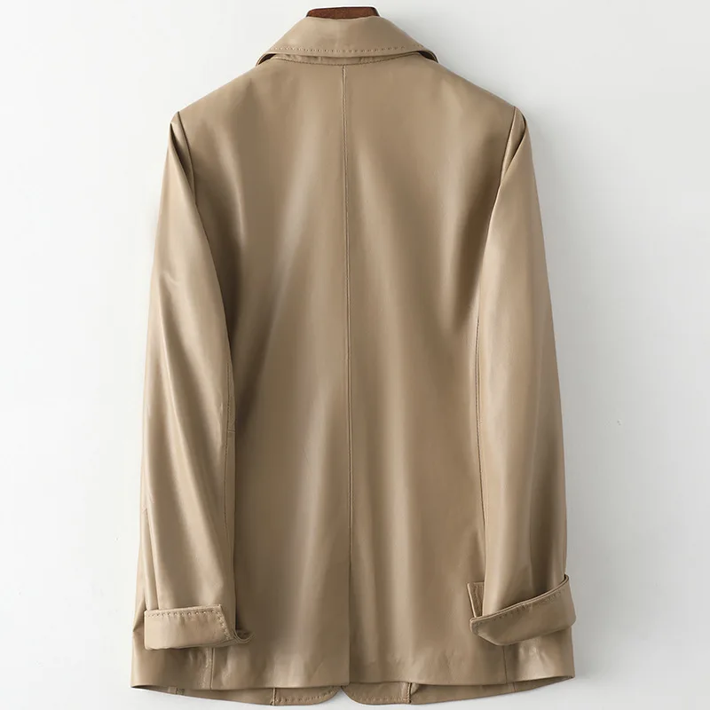 2021 Spring New Soft Sheepskin Khaki Coat Women's Slim Fit Genuine  Leather Mid Length High Quality Single Button Simple Jacket